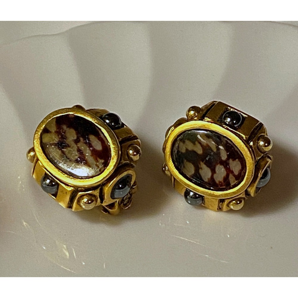 Vintage Gold Tone Enamel Cabochon Clip On Earrings Baroque Statement Jewelry